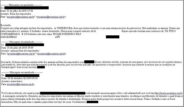 E-mails enviados à ProAnima com relatos de maus-tratos a cães na Feira dos Importados do DF (Foto: ProAnima/Divulgação)