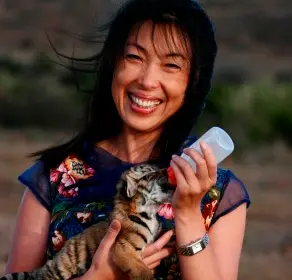 foto da defensora dos tigres e criadora do projeto, amamentando um filhote em suas mãos