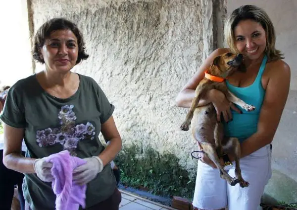 Raquel Viana com uma cachorrinha sobrevivente, a direita. (Foto: Divulgação)