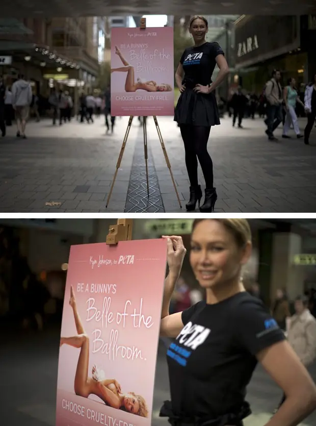 Dançarina mostra o novo anúncio da Peta em Sydney (Foto: Saeed Khan/AFP)