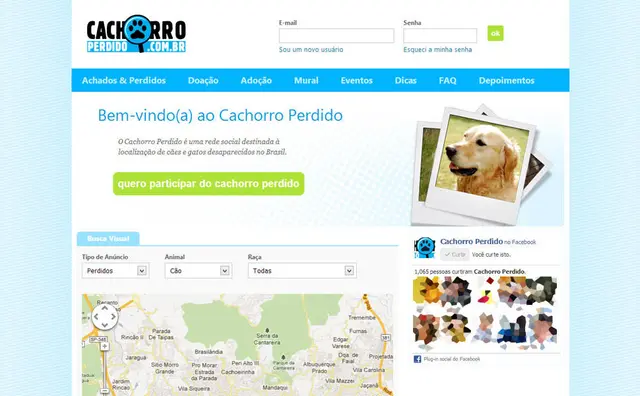 site "Cachorro Perdido", que reúne informações sobre animais encontrados e perdidos em todo o Brasil - Foto: Reprodução