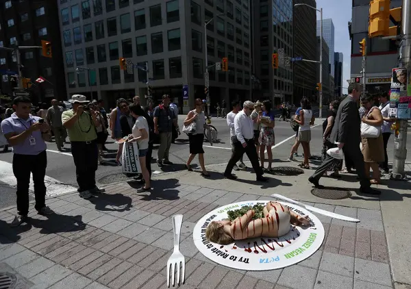 Seminua, ativista do Peta (Pessoas pelo Tratamento Ético dos Animais) se 'serve' como prato coberta com molho barbecue em ato contra o consumo de carne, em calçada de Ottawa, no Canadá. (Foto: Chris Wattie/Reuters) 