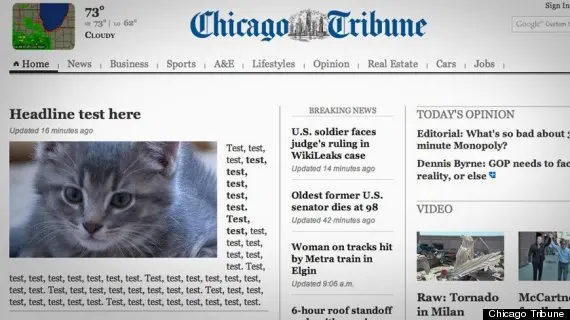 Página do Chicago Tribune com a foto de um gato ao lado da palavra "Test" repetidamente. (Foto: Chicago Tribune / Huffington Post)