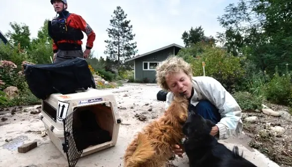 Suzanne Sophocles abraça seus cães resgatados de sua casa inundada em Boulder, Colorado. (Foto: Jeremy Papasso, The Daily Camera)