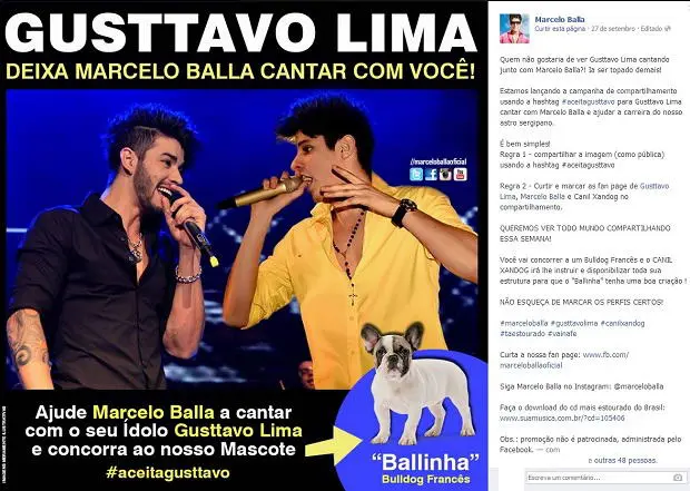Cantor Marcelo Balla promete sortear cão no seu perfil do Facebook. Imagem: Divulgação