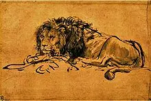 Leão do cabo (“extinto”) desenhado por Rembrandt (1606-1669), pintor e gravador holandês