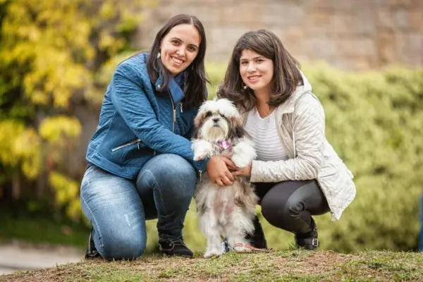 Rafaella Paes (à esq.) e  Ana Cláudia Neves com o shitzu Cusco: tratamento com células-tronco está recuperando o animal que sofre de má formação dos rins.