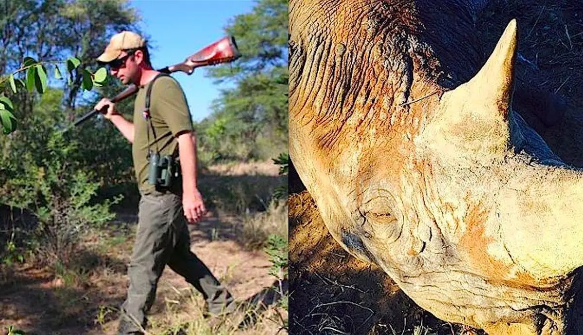 O caçador Corey Knowlton, e o rinoceronte Ronnie, morto por ele em Maio deste ano. Foto: The Dodo